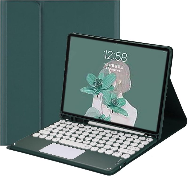 Photo 1 of HENGHUI iPad Air 5th Gen 2022 / 4th Generation Keyboard Case with Touchpad Cute Round Key Color Keyboard Air 5 4 10.9 inch Detachable Touch Keyboard Slim Smart Cover with Pencil Holder (DarkGreen)
