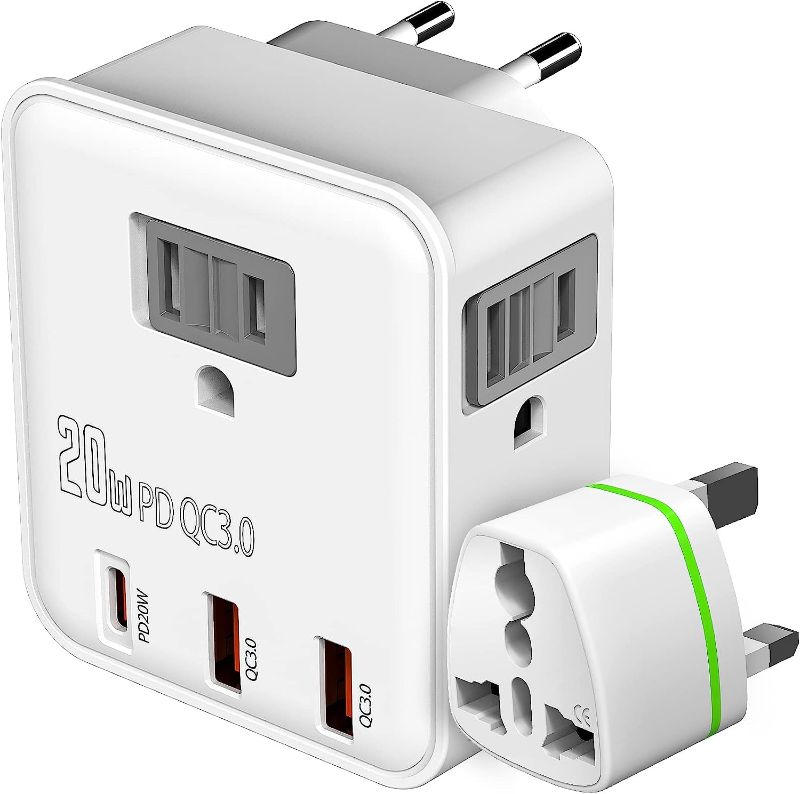 Photo 1 of Fast Charger for iPhone iPad 20W PD USB C & Quick Charge QC 3.0, 2500W Power Adaptor 3 US Outlets American to EU Europe Italy France Travel Essentials Accessories