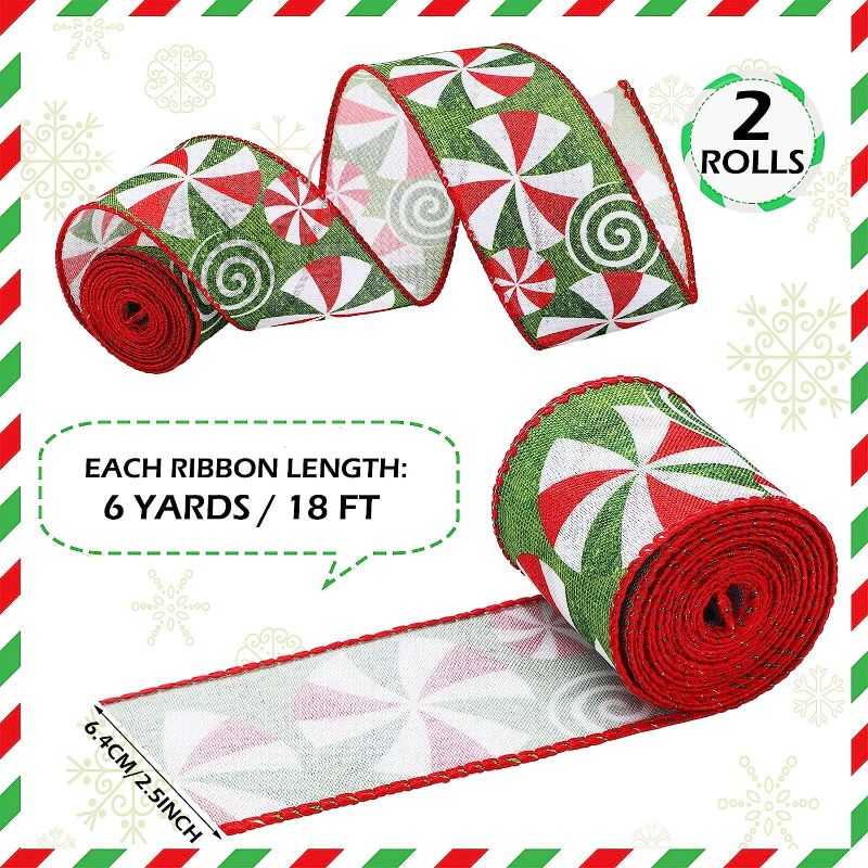 Photo 1 of 2 Rolls/ 12 Yard Christmas Candy Peppermint Wired Edge Ribbon 2.5 Inch Wide Christmas Candy Ribbon Burlap Ribbon for DIY Craft Wreath Christmas Tree Decoration Gift Wrapping Party (Cute Pattern)
