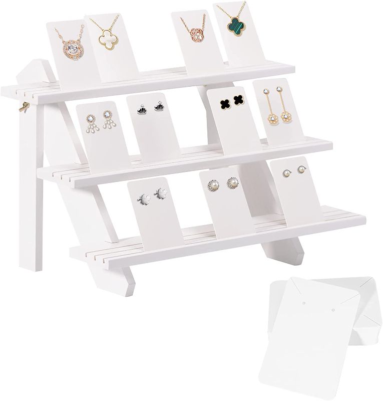 Photo 1 of 51pcs Wood Tiered Earring Display Stand, 3-Tier White Retail Jewelry Card Display Stand with Groove + 50 Earring Cards Portable Earring Ring Organizer Holder Jewelry Showcase Racks for Jewelry Business Home Using
