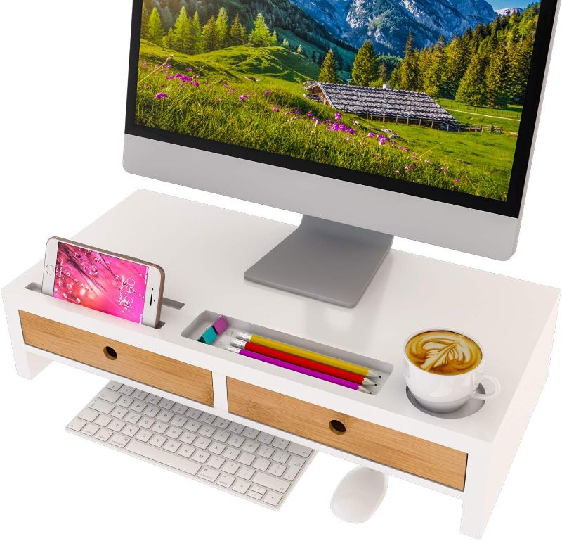 Photo 1 of Computer Monitor Stand with Drawers - White Wood Laptop Screen Printer TV Riser 22.05L 10.60W 4.70H inch, Desk Organizer in Home&Office
