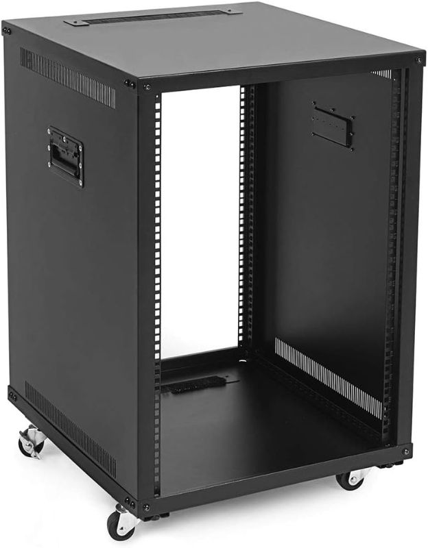 Photo 1 of NavePoint 15U Portable Rolling Network Rack, Adjustable Depth 2.5 to 22.6 Inches, Top and Bottom Cable Management, Built-in Handles, Locking Swivel Caster Wheels, Audio Video, Telecom, Equipment Rack -------- MOINOR SCRATCHES --------- MISSING SOME HARDWA