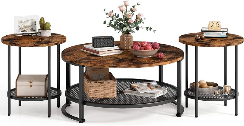 Photo 1 of \LINSY HOME Round Coffee Table and End Table Set for Living Room, Industrial Coffee Table with Open Storage, Rustic Wood Surface Top & Sturdy Metal Legs Large Circle Coffee Table, Brown and Black
