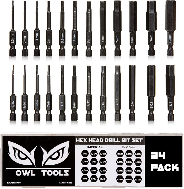 Photo 1 of 24 Pack Hex Bit Allen Wrench Drill Bit Set (Metric & SAE Sizes - Magnetic Tipped) - Hardened CR-MO Steel Hexagonal Bits - Perfect Replacement For Allen Wrenches & Hex Keys - 2.3" Long with 1/4" Shafts Hex Head 24 Pack