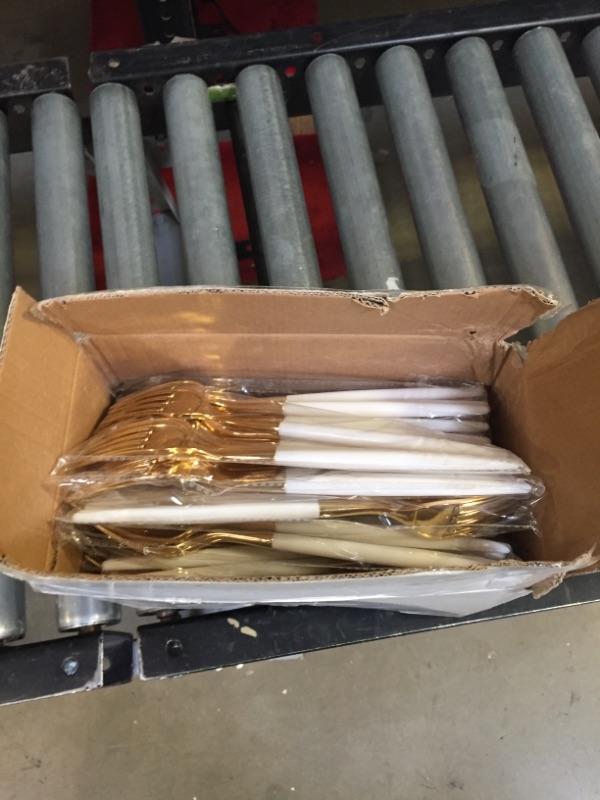 Photo 2 of 144 Gold Plastic Forks, Disposable Gold Flatware with White Handle, Look Like Gold Cutlery for Party Wedding