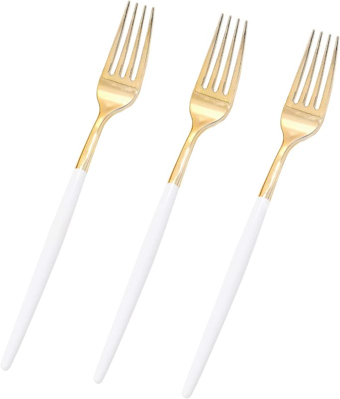 Photo 1 of 144 Gold Plastic Forks, Disposable Gold Flatware with White Handle, Look Like Gold Cutlery for Party Wedding