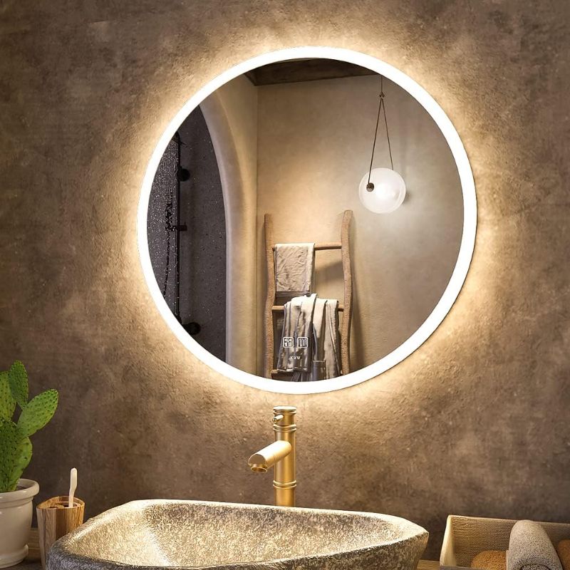 Photo 1 of 24 Inch LED Bathroom Mirror, Easy to Install Round Vanity Mirror, Color Temperature Adjustable, Anti-Fog Dimmable Lights, Wall Mounted Mirror with Smart Touch Button
