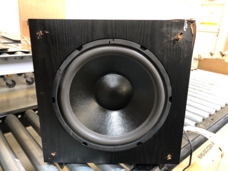 Photo 2 of Monoprice 12 Inch 150 Watt Powered Subwoofer, Black (109723) *** ITEM IS MISSING FRONT COVER -- DAMAGE TO CORNERS ***