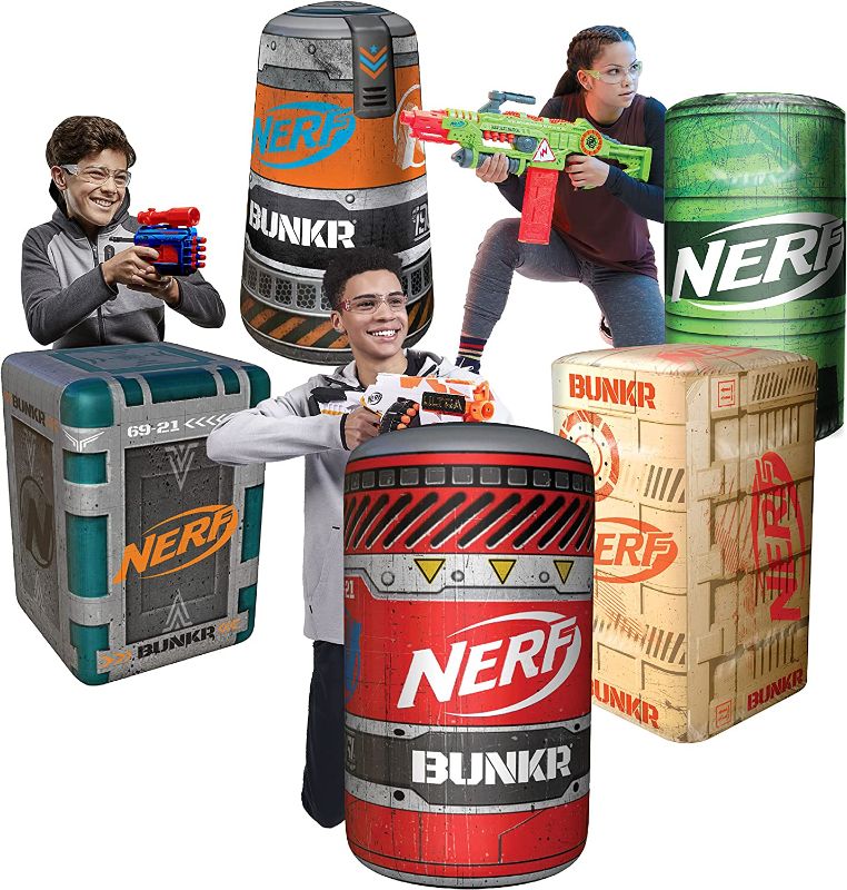 Photo 1 of NERF BUNKR Battle Royale Inflatable Bunker Battlezone - 5 Piece Barricade Set - Crates and Barrels - Perfect for NERF Party NERF War
