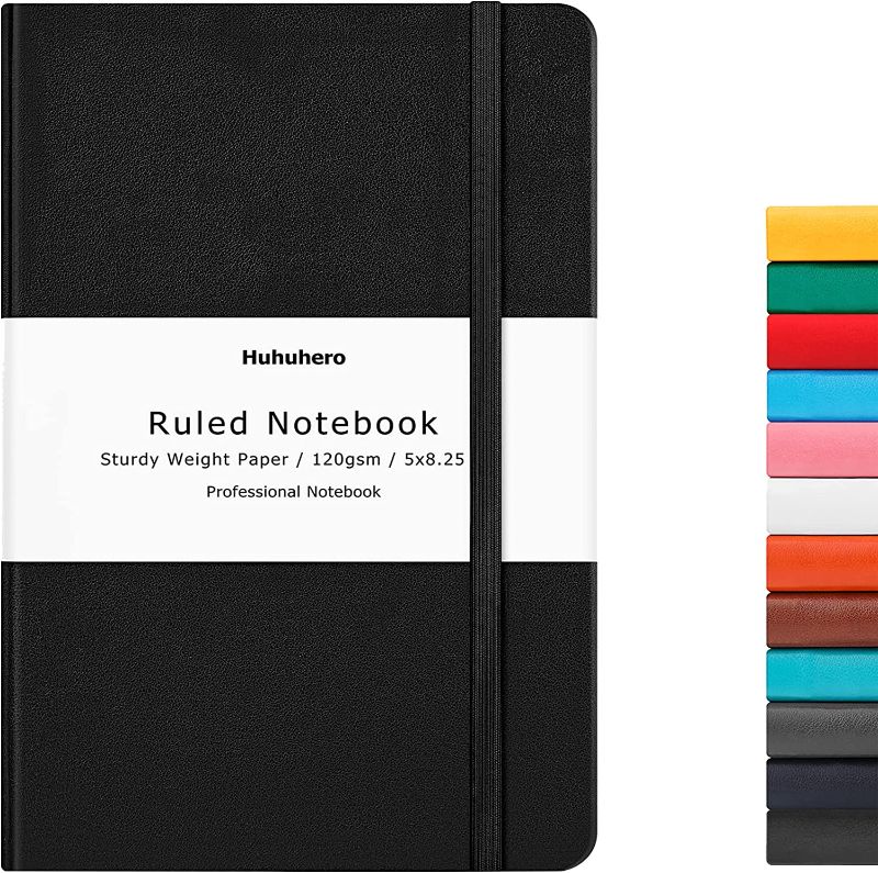Photo 1 of  Huhuhero Lined Journal Notebook, Ruled Notebook for Work, Hardcover 120Gsm Premium Thick Paper with Faux Leather Notebook for Journaling Writing Office School Supplies 5.25"×8.25" (1,Matte Black)
