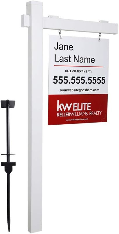 Photo 1 of kdgarden Vinyl PVC Real Estate Sign Post 6ft. Tall (4"x 4"x 72") Realtor Yard Sign Post for Open House and Home for Sale, 36" Arm Holds Up to 24" Sign, White with Flat Cap(No Sign) 72" X 36" WHITE