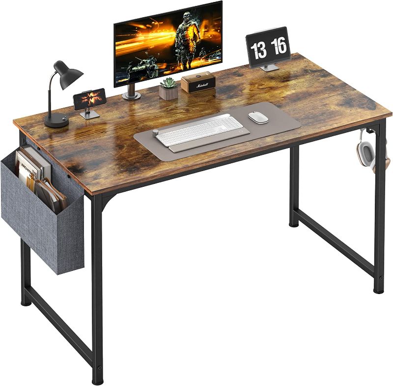 Photo 1 of Mr IRONSTONE Computer Desk 47" Home Office Writing Desk, Modern Simple Study Table, Laptop Table with Storage Bag, Cup Holder and Headphone Hook (Rustic Brown)
