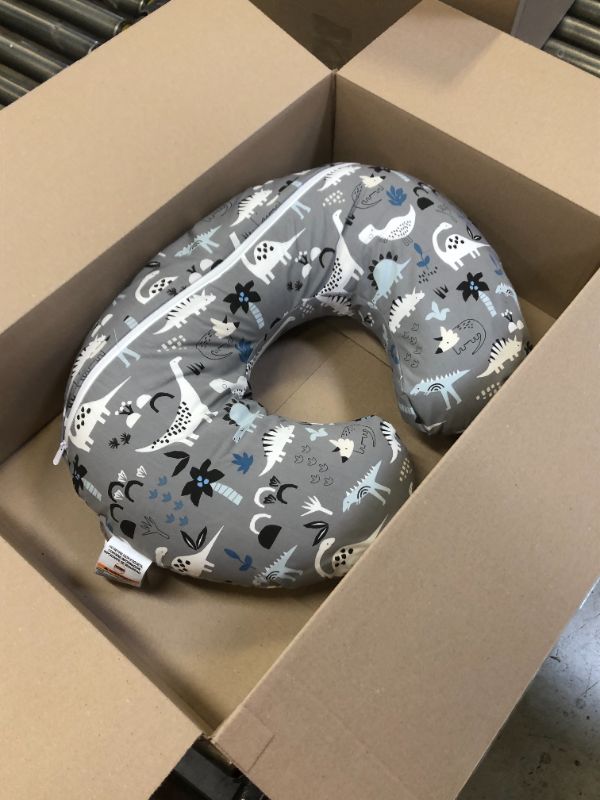 Photo 1 of Boppy Original Nursing Support, FKA Boppy Nursing Pillow, Gray Dinosaurs, Ergonomic Breastfeeding, Bottle Feeding, and Bonding, with Hypoallergenic Fiber Fill, with Removable Cover, Machine Washable

