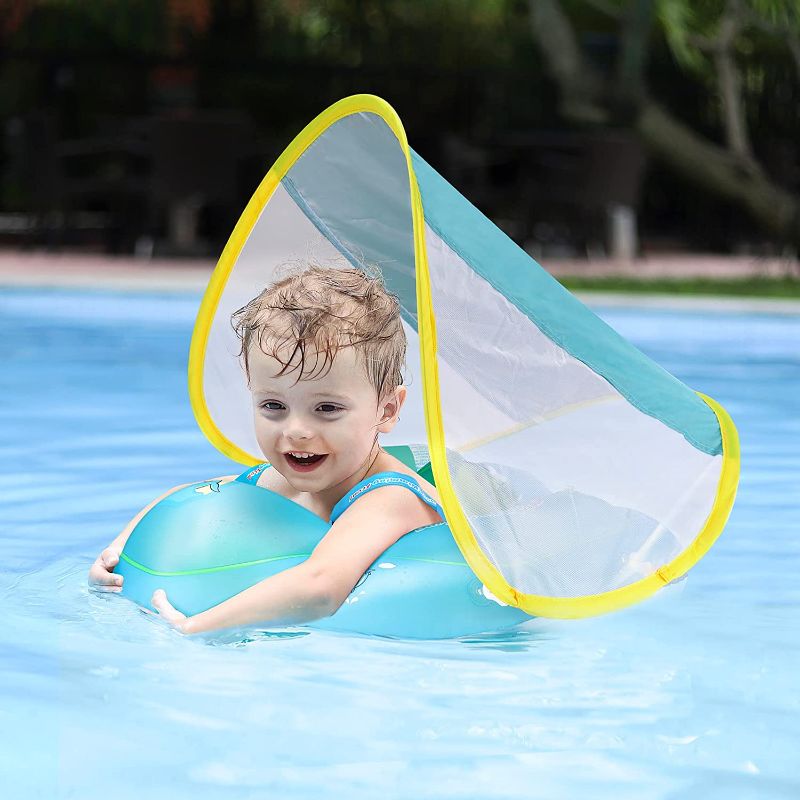 Photo 1 of Free Swimming Baby Inflatable Baby Swim Float with Sun Canopy Size Improved Infant Pool Floaties Swimming Pool Toys for The Age of 3-72 Months(Blue, L)
