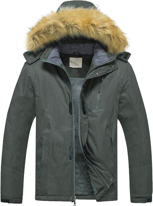 Photo 1 of Pursky Men's Waterproof Ski Jacket Winter Snow Coats Fur Hooded Raincoats Parka - Olive 
