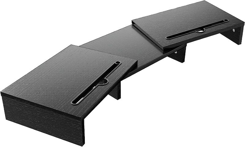 Photo 1 of LORYERGO Dual Monitor Stand - [Upgraded] Monitor Stand w/ 2 Slots for Phone & Tablet, Dual Monitor Riser, Length and Angle Adjustable, Computer Stand for Monitor, Laptop, Tablet (Black)
