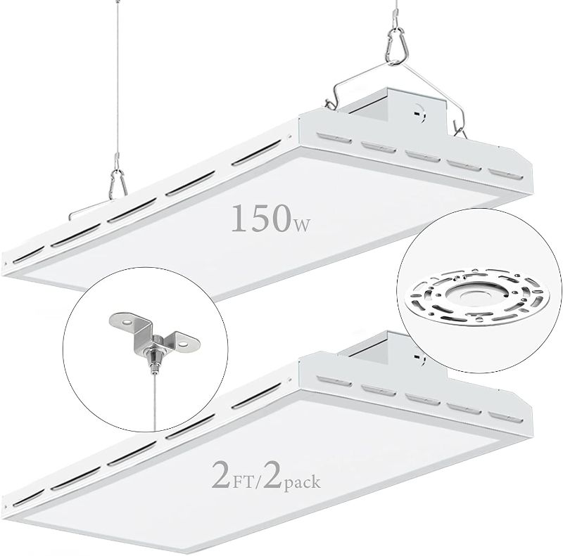 Photo 1 of 2 Pack LED High Bay Shop Light, 2FT 150W 21500LM 140LM/W [600W HPS Eqv.] 5000K Daylight Linear Hanging Light for Workshop Warehouse Garage