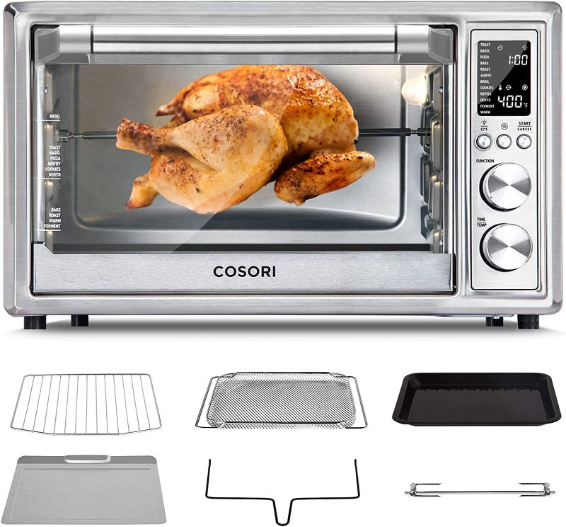 Photo 1 of COSORI Air Fryer Toaster Oven, 12-in-1 Convection Oven Countertop with Rotisserie, Stainless Steel 32QT/32L, 6-Slice Toast, 13-inch Pizza,100 Recipes, Basket, Tray(6 Accessories)Included, CO130-AO
