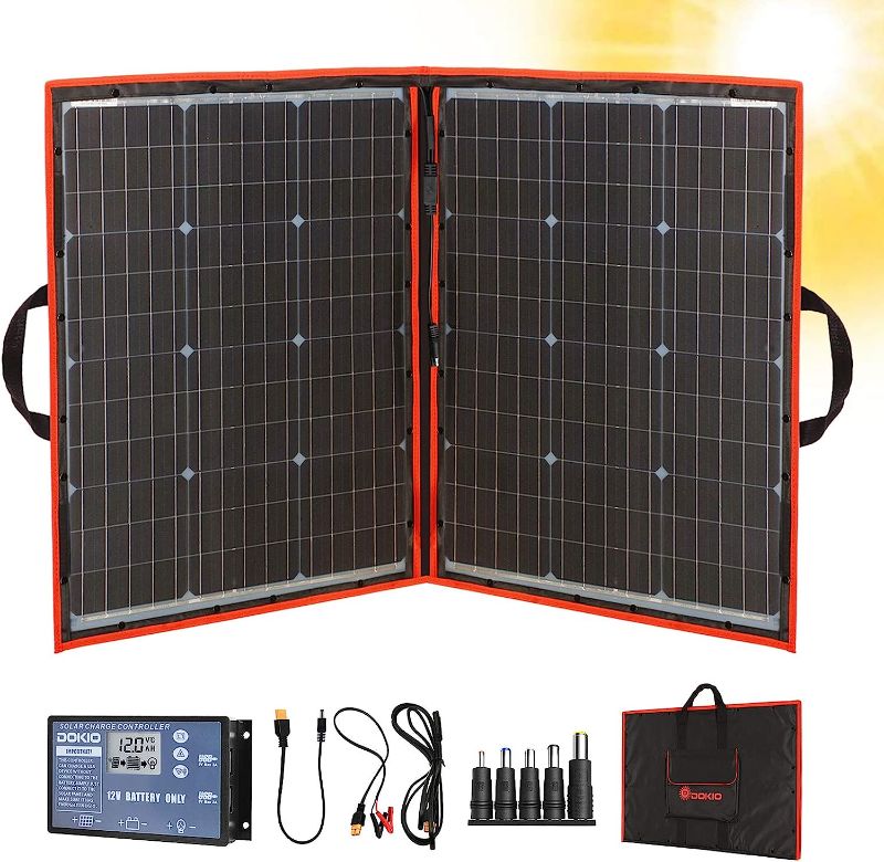 Photo 1 of DOKIO 110w 18v Portable Foldable Solar Panel Kit (21x28inch, 5.9lb) Solar Charger With Controller 2 Usb Output To Charge 12v Batteries/Power Station (AGM, Lifepo4) Rv Camping Trailer Emergency Power
