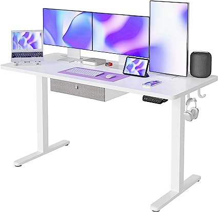 Photo 1 of FEZIBO Standing Desk with Drawer, Adjustable Height Electric Stand up Desk, 63 x 24 Inches Sit Stand Home Office Desk, Ergonomic Workstation White Steel Frame/White Tabletop
