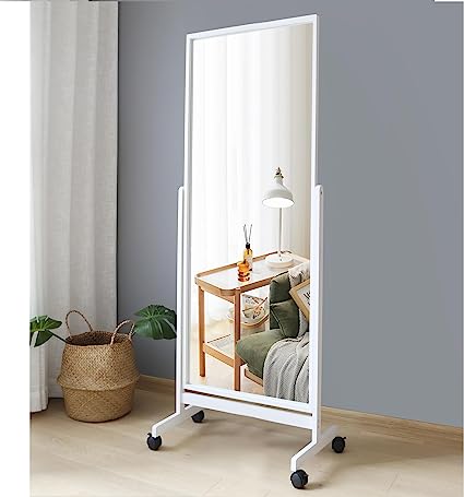 Photo 1 of AISUNDY Swivel Adjustable Full Length Mirror on Wheels, Pine Wood Frame Cheval Bedroom Floor Mirror Dressing Mirror Body Mirror with Standing Holder (White, 65"x22")
