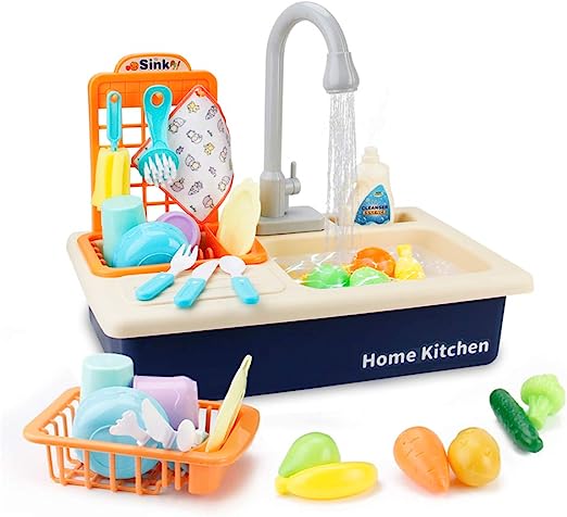 Photo 1 of BOBXIN Play Sink with Running Water, Kids Play Kitchen Toy Sink Electronic Dishwasher, Pretend Role Play Kitchen Toys Set with Upgraded Working Faucet and Dishes Playset for Girls, Toddler and Boys
