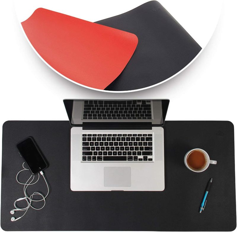 Photo 1 of Desk Mat Black & Red 17x36 - Computer, Laptop, Keyboard & Mouse Pad Organizer - Leather Cover Office Table Protector