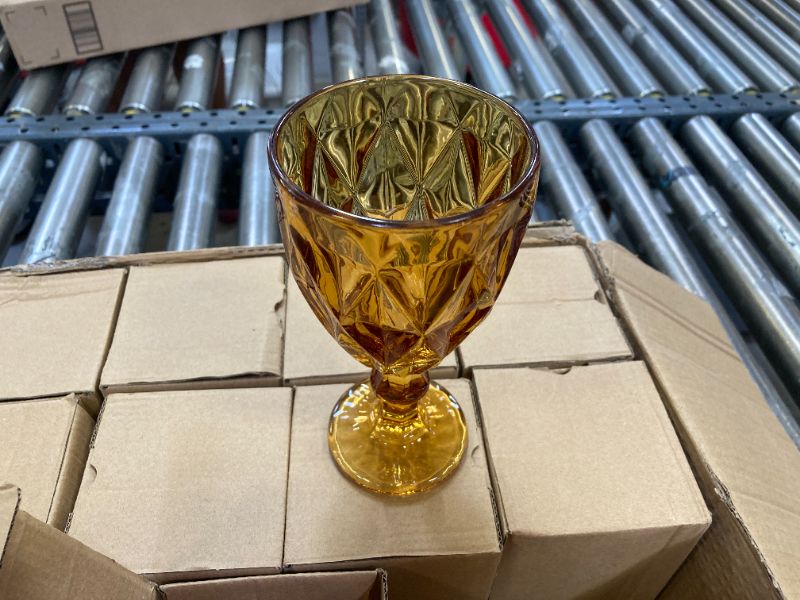 Photo 2 of 12 Packs Glass Goblet Vintage Wine Goblet Embossed Glassware 10 oz Solid Color Glass Goblet for Iced Tea Beverage Stemmed Cups Soda Juice Water Liquor and Party Wedding Bars Restaurants Amber