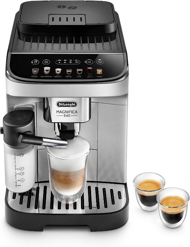 Photo 1 of De'Longhi Magnifica Evo with LatteCrema System, Fully Automatic Machine Bean to Cup Espresso Cappuccino and Iced Coffee Maker, Colored Touch Display,Black, Silver
