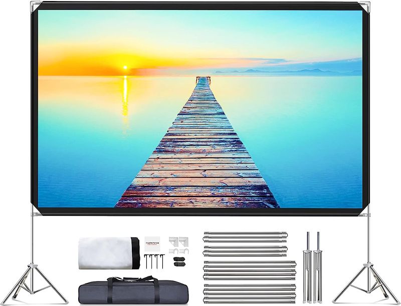 Photo 1 of Projector Screen and Stand - Velcolt Portable Video Projection Screen 100 inch, 16:9 4K HD Rear Front Foldable Outdoor Movie Screen with Carry Bag for Indoor Outdoor Home Theater Backyard Camping