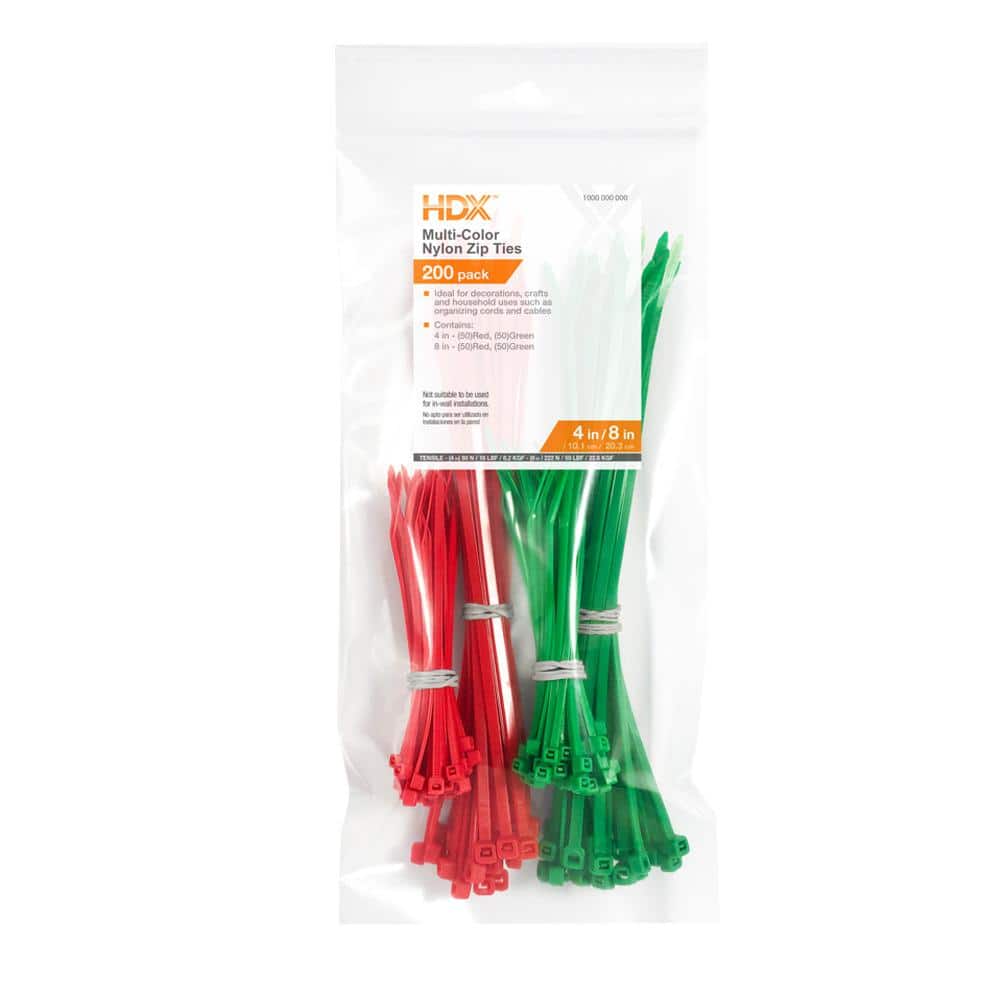 Photo 1 of 4 in. and 8 in. Zip Tie Holiday Colors (200-Pack), Red and Green 2 count