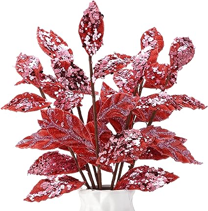 Photo 1 of 18 Pieces Christmas Artificial Glitter Leaf Decorations 13.4 Inches Christmas Picks Spray Poinsettia Floral Leaf Accessories Winter Wedding Vase Fillers Christmas Wreath DIY Crafts Decor (Rose Gold)