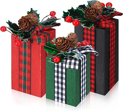 Photo 1 of 3 Pcs Christmas Rustic Wood Presents Wooden Faux Blocks Christmas Centerpieces for Tables Christmas Tiered Tray Decor with Buffalo Plaid Bowknot for Xmas Party Decoration