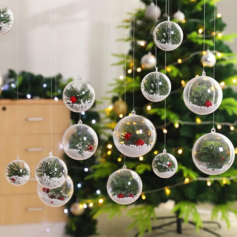 Photo 1 of  Clear Plastic Ornaments 10-Pack Christmas Ornament Fillable Balls for DIY Crafts, Christmas Tree Decor, Wedding Party, Xmas Holiday Home Decorations, Large Open Decorative Hanging Ornaments 80mm