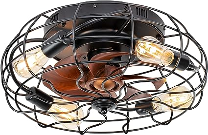Photo 1 of 20'' DIY Lights Flush Mount Caged Ceiling Fan with Light Remote Control, Low Profile Bedroom Kitchen Ceiling Fan with Lights, DC Motor 6 Speeds, 3 Colors, 3 Timing, Small Enclosed Ceiling Fan