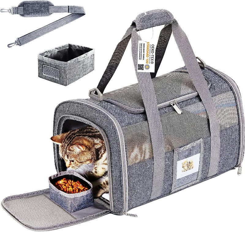Photo 1 of  Cat Carrier, Dog Carrier, Pet Carrier Airline Approved for Cat, Small Dogs, Kitten, Cat Carriers for Small Medium Cats Under 15lb, Collapsible Soft Sided TSA Approved Cat Travel Carrier-Dark