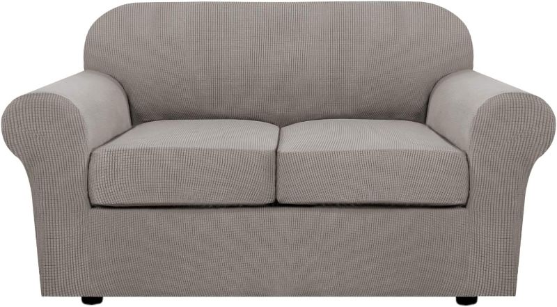 Photo 1 of 3 Piece Stretch Sofa Covers for 2 Cushion Loveseat Couch Covers for Living Room Sofa Slipcovers Furniture Cover (Base Cover Plus 2 Seat Cushion Covers) Thicker Jacquard Fabric(Medium Sofa, Taupe)
