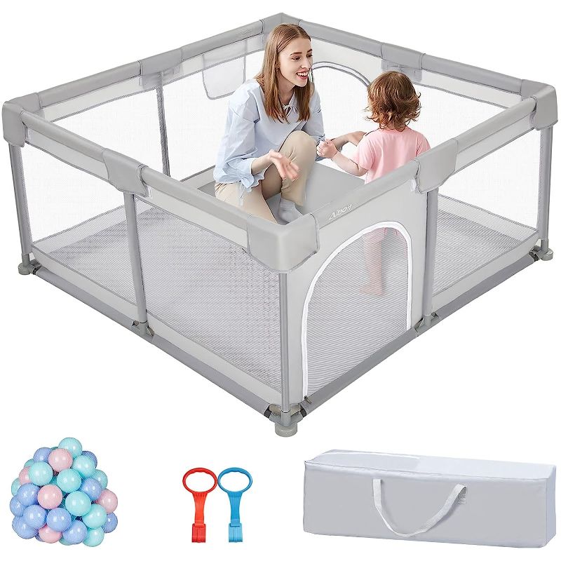 Photo 1 of Albott Portable Baby Playpen for Babies and Toddlers, 52"x52" Baby Playards with 50pc Pit Balls, Extra Large Anti-Fall Infant Safety Activity Center(Light Grey)
