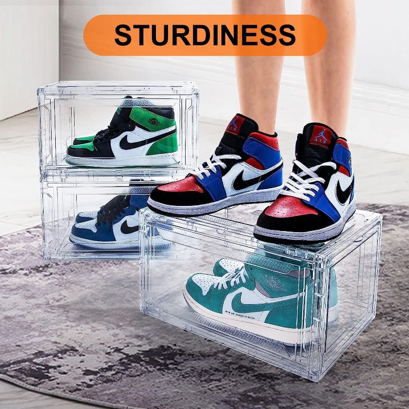 Photo 1 of  Acrylic Clear Shoe Boxes– Ultra Clear Plastic Stackable Sneaker Storage For Sneakerhead. Professional Grade Shoe Display Case with Magnetic Door .Boots and Hat Organizer.Fits US Size 15 12 