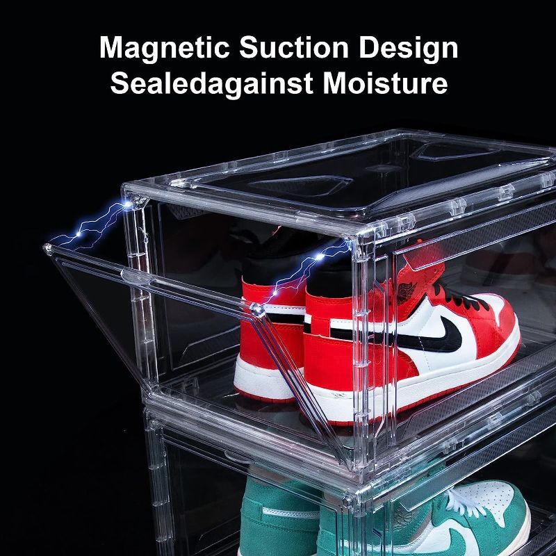 Photo 2 of  Acrylic Clear Shoe Boxes– Ultra Clear Plastic Stackable Sneaker Storage For Sneakerhead. Professional Grade Shoe Display Case with Magnetic Door .Boots and Hat Organizer.Fits US Size 15 12 