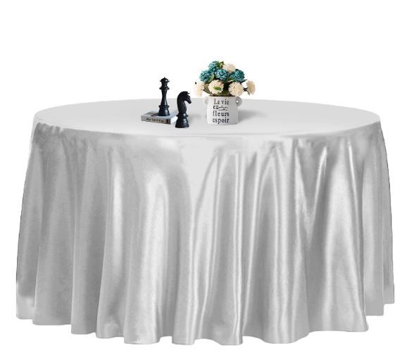 Photo 1 of 1PC, 108 Inch Sliver Round Tablecloth - Premium Silky Satin Tablecloth Overlay Smooth Fabric Table Cover Linen, Sliver Round, 108"