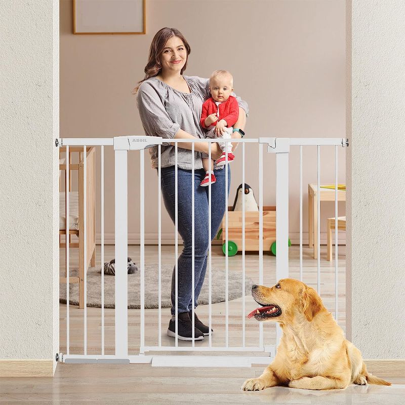 Photo 1 of ABOIL Baby Gate for Doorways Stairs 29-48 inches Wide, 36inch Extra Tall Metal Safety Auto-Close Dog Gates for The House, Walk Thru Pressure Mounted Pet Gate, White
