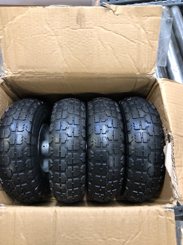 Photo 2 of 4 Pcs 10" Flat Free Tires Solid Non-inflated Tires Wheels, 4.10/3.50-4 Tire with 5/8 Ball Bearings, 2.24" Offset Hub for Wheelbarrow, Garden Wagon Carts, Trolley, Hand Truck, Various Tool Carts 4Pcs 10In 4.10/3.50-4