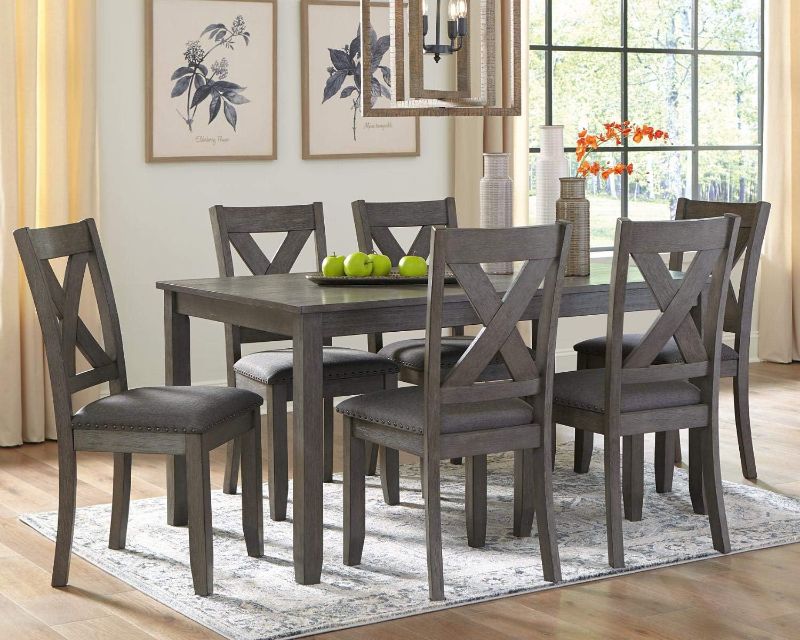 Photo 1 of Signature Design by Ashley Caitbrook Rustic 7 Piece Dining Set, Include Table and 6 Chairs, Gray & Caitbrook Rustic 24.4" Counter Height Upholstered Barstool, 2 Count, Gray Dark Gray Dining Set + Barstool, 2 Count