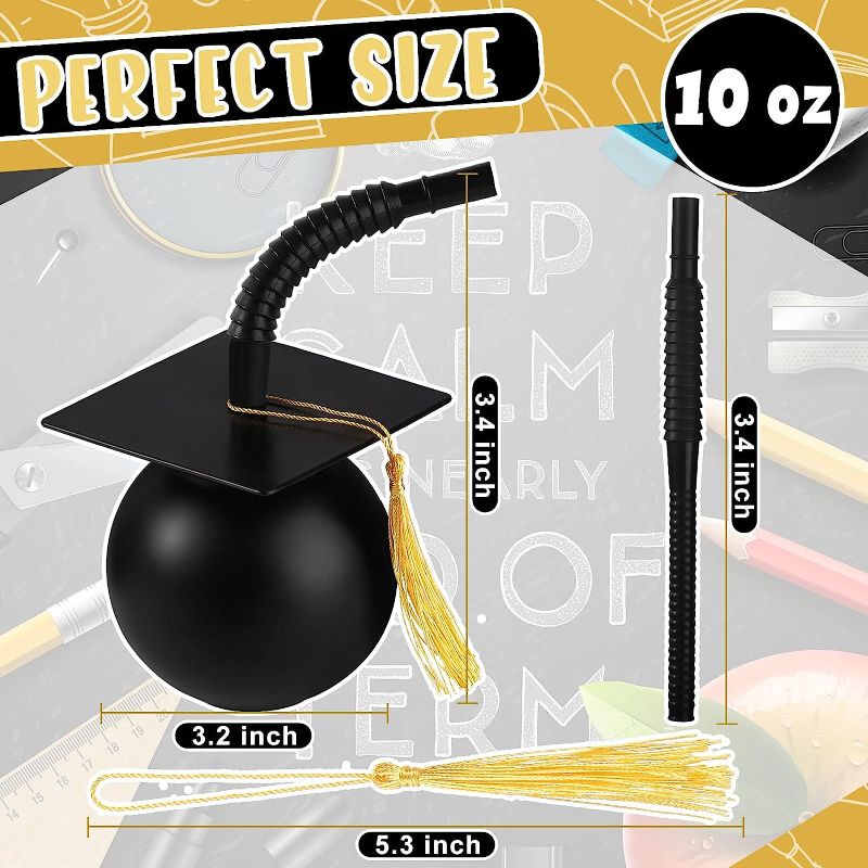 Photo 1 of 12 Set Graduation Party Cups Plastic Graduation Cap Cup with Tassel, 10 oz Congrats Grad Cup with Straw and Lid, Reusable Graduation Party Supplies Party Favors for Grad Theme Party Students (Black)