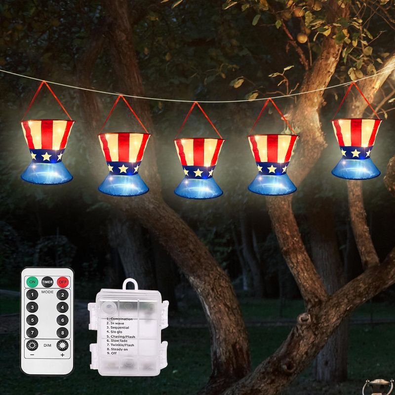 Photo 1 of 5 Pack Patriotic Hanging Hats Decoration and 16.4 Ft 4th of July Outdoor Lights Waterproof Timer Remote 3 AA Battery Operated