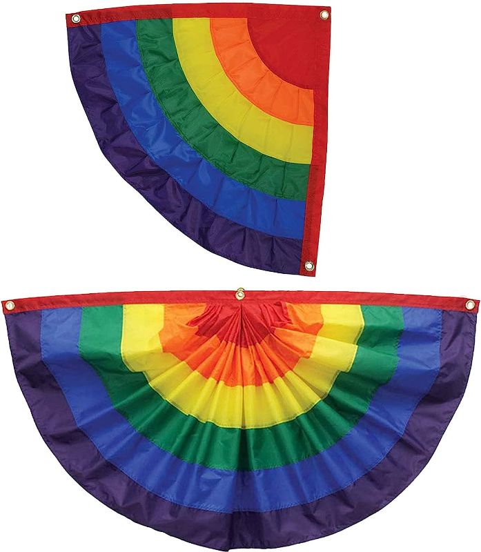 Photo 1 of 2 Pieces Rainbow Pleated Fan-shaped Flag, Rainbow Pride Flag(2x2 Feet, 3x1.5 Feet) Waterproof and UV Fade Resistant Garden Flag with Canvas Header, Perfect Banner For Garden/ Door Decor
