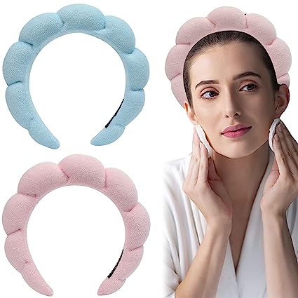 Photo 1 of 2 PCS Women Sponge Spa Headband Makeup Headband Spa Headbands Terry Towel Cloth Fabric Head Band for Skincare, Face Washing, Makeup Removal, Shower, Facial Mask, Hair Accessories 2 Colors (blue pink)
