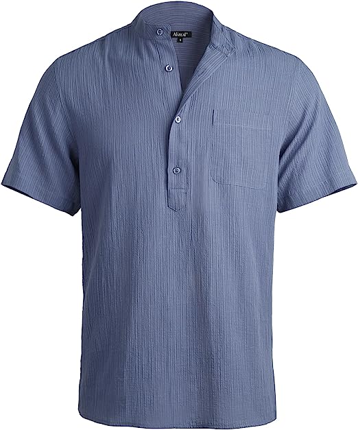 Photo 1 of Alizeal Mens Casual Cotton Viscose Henley Shirt Short Sleeve Solid Button-Down Beach Tops with Pocket
