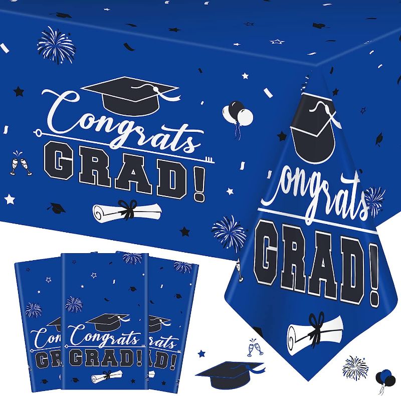 Photo 1 of 3 Pcs Graduation Tablecloth - Congrats Grad Table Cloth for Class of 2023, Disposable Plastic Rectangle Grad Table Cover for Graduation Party Decorations 2023 and Party Supplies, 54 x 108 Inch (Blue)
